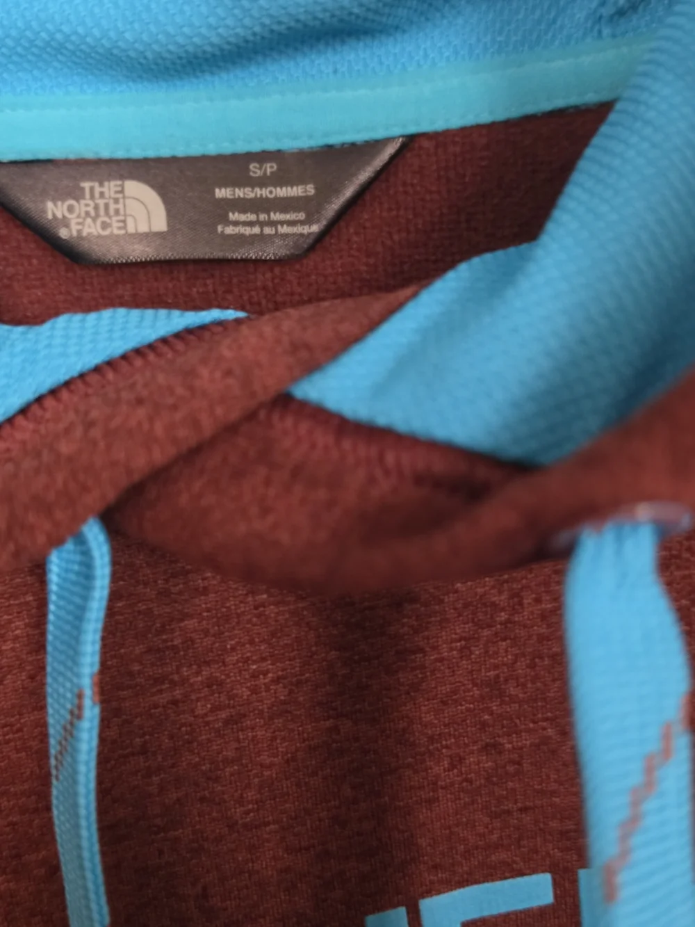 The North Face Maroon Hoodie with Bright Blue Accents